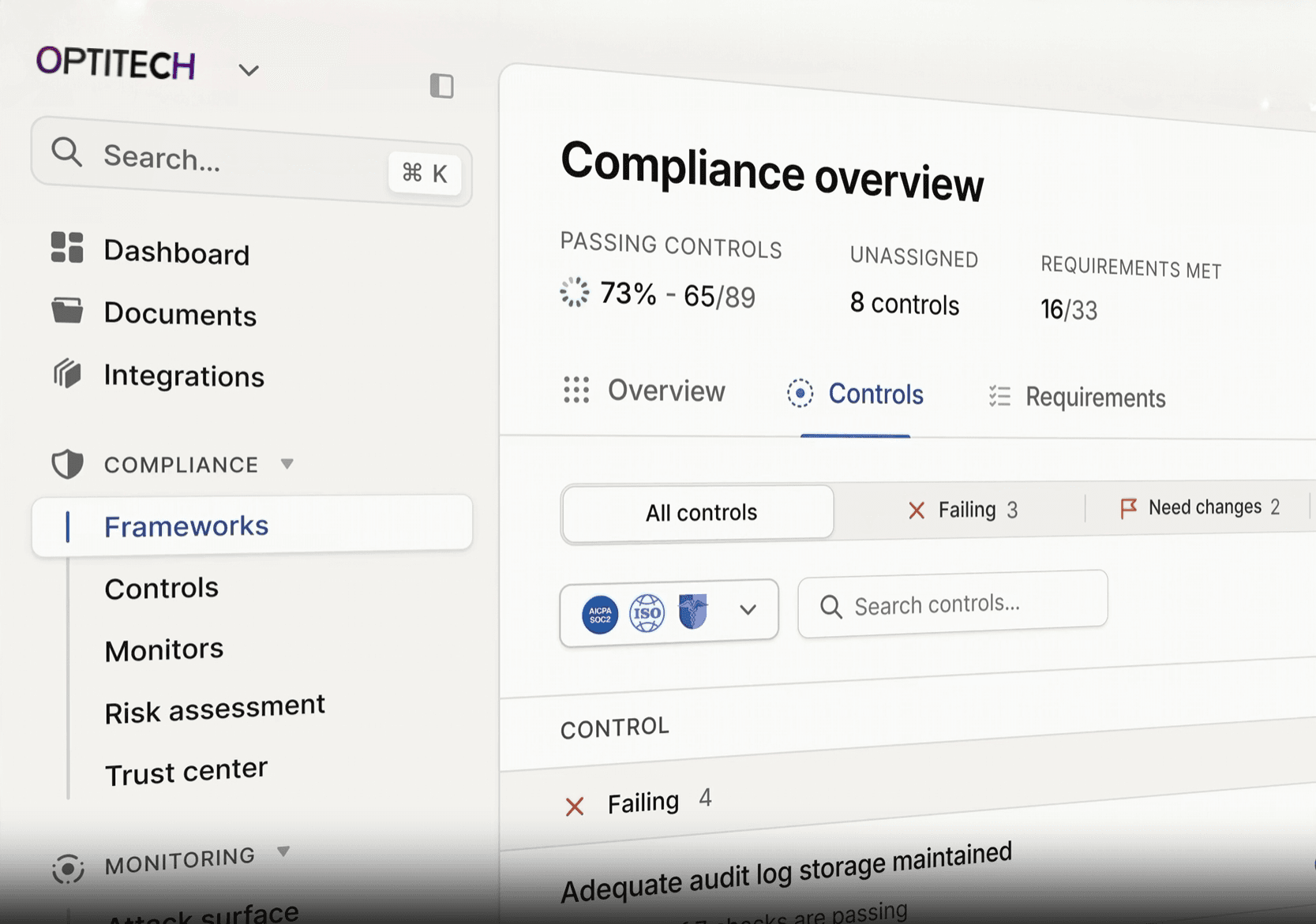 OptiTech compliance overview dashboard showing passing controls, frameworks, and control status