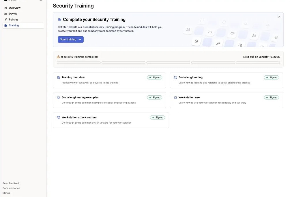 OptiTech security training dashboard showing five modules with signed status and completion tracking