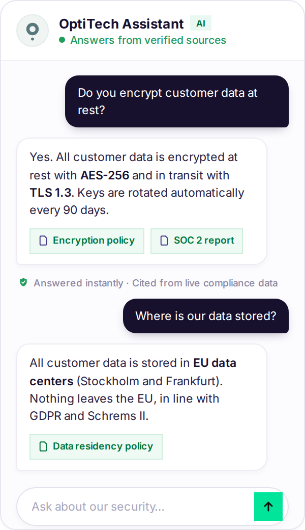 OptiTech AI assistant answering a security question with cited sources