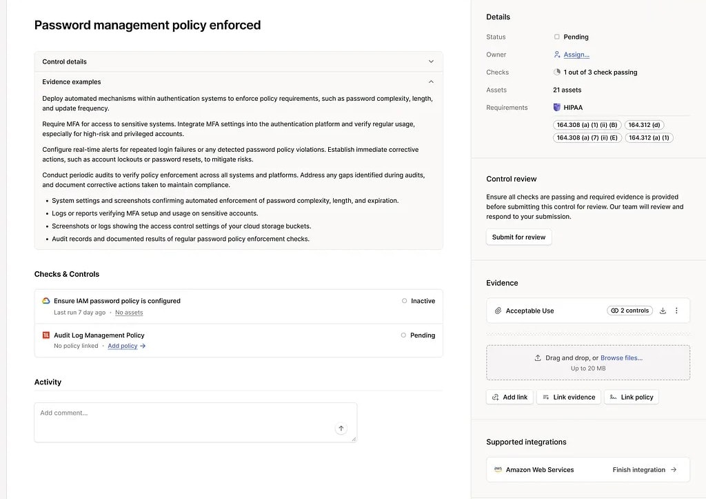 OptiTech policy control detail: password management policy with evidence examples, checks, and controls