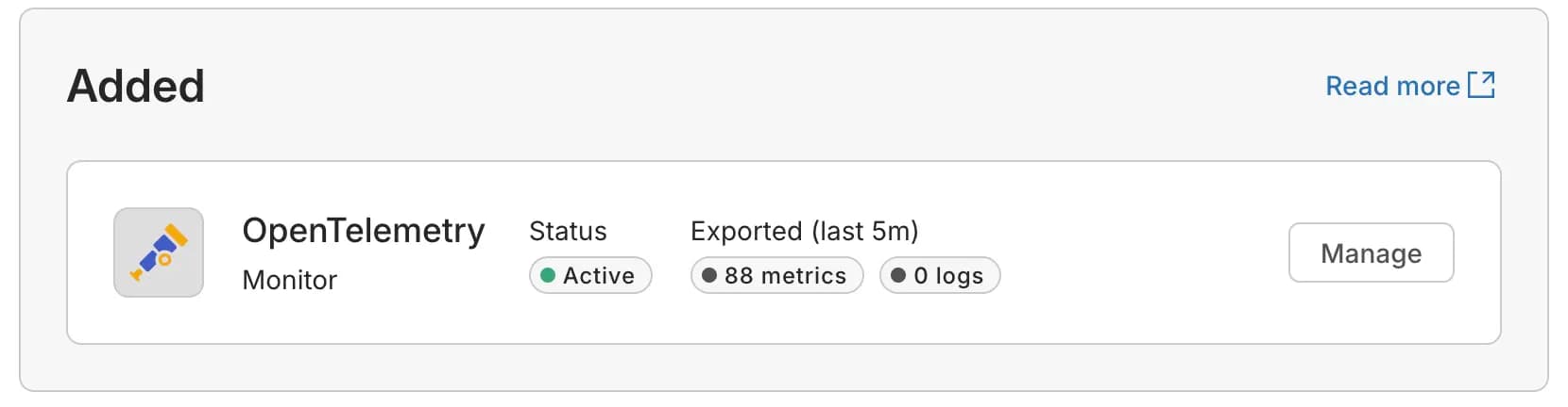 OptiTech Integrations page showing the active OpenTelemetry integration