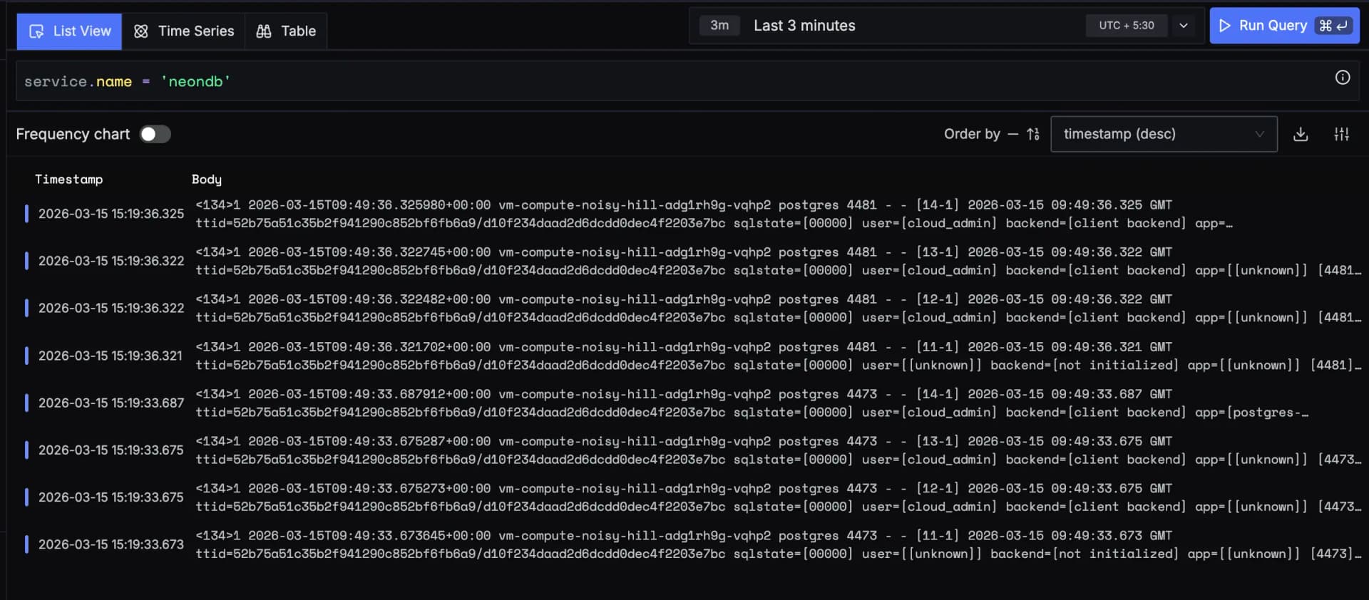 OptiTech Postgres logs in the SigNoz Logs Explorer