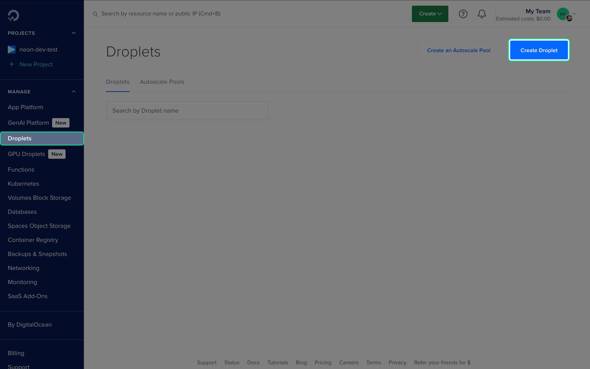 Screenshot of Digital Ocean Create Droplet