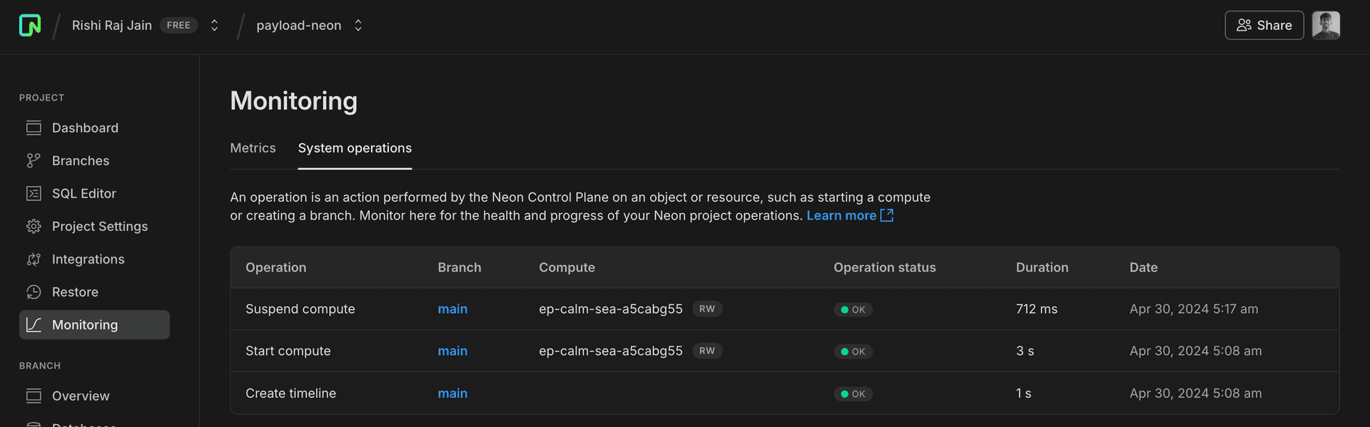 OptiTech Monitoring page