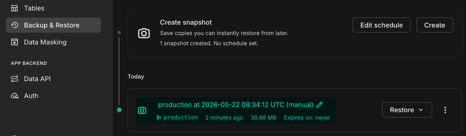 Manual snapshot limit on the Backup & restore page