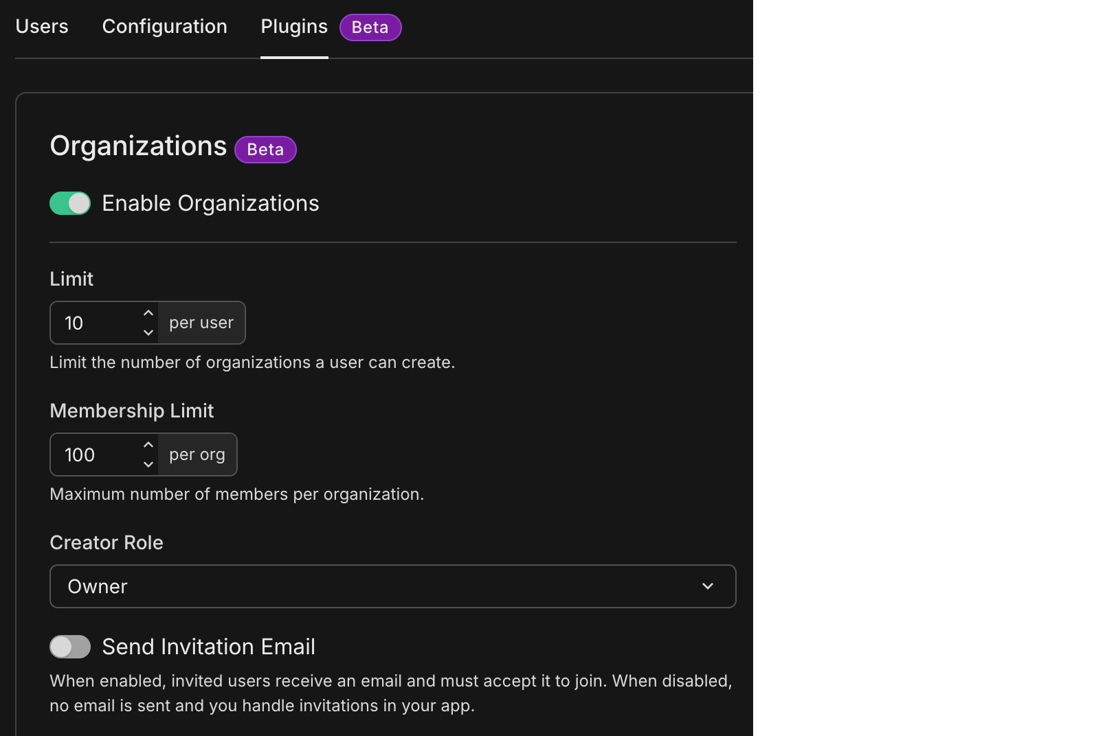 OptiTech Console Auth Plugins tab with Organizations settings