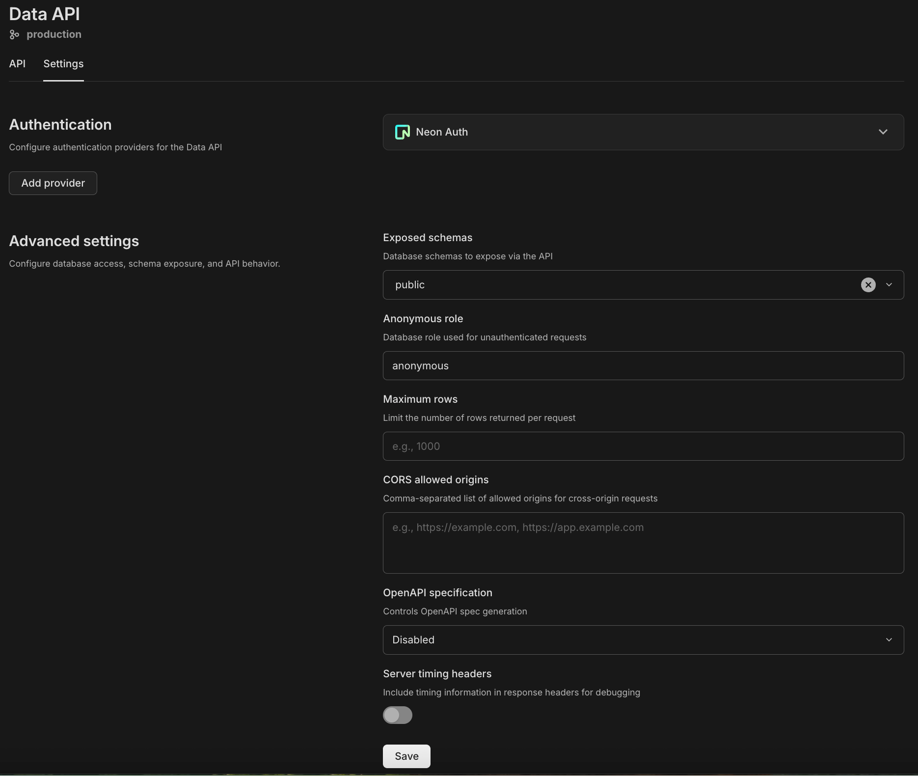 Data API settings