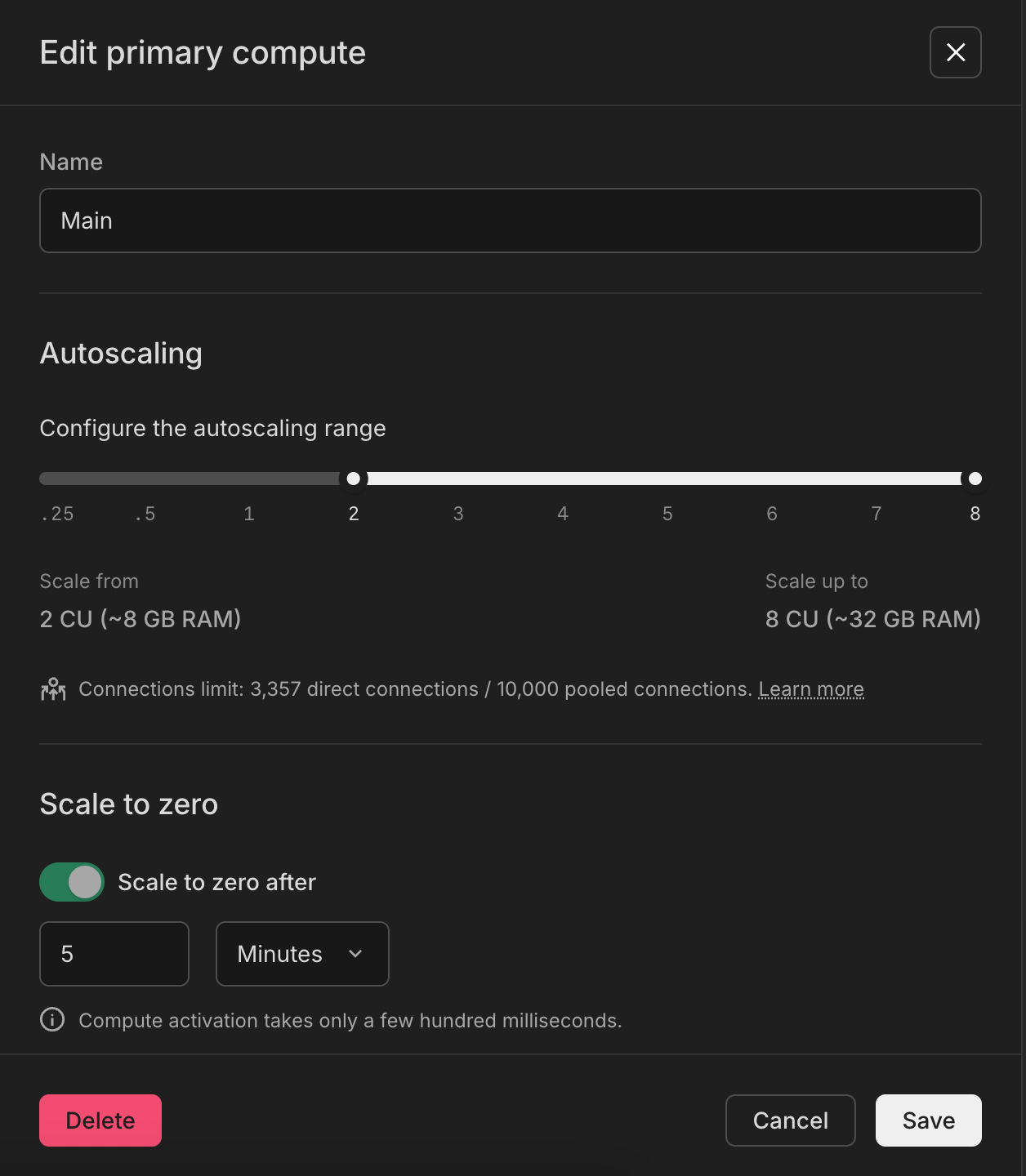 Edit compute dialog showing an autoscaling configuration