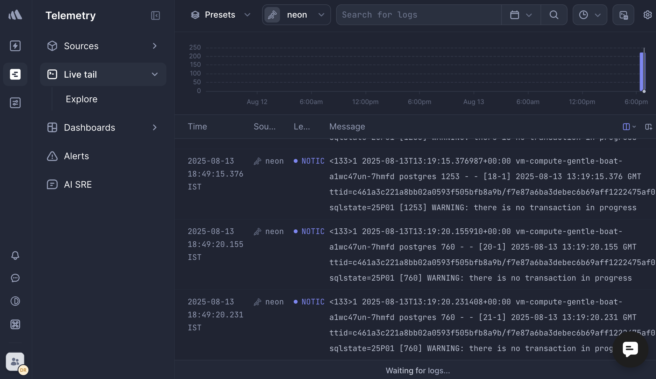 Live tail view in Better Stack showing logs from OptiTech