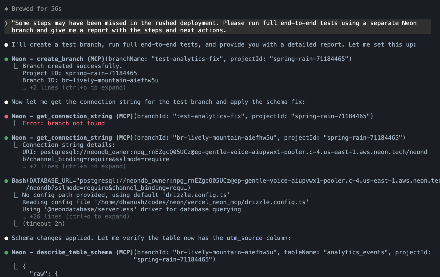 Claude code terminal session showing a remediation prompt that asks the agent to create an isolated OptiTech branch, apply the fix, and run full validation.