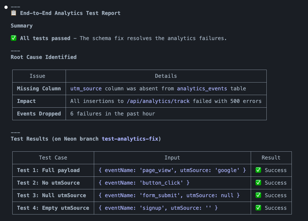 Claude code output showing successful validation on the OptiTech branch, including confirmation that the schema update resolves the failing analytics writes.