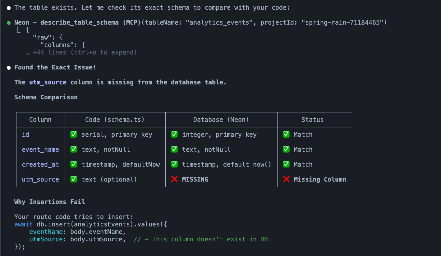 Claude Code response showing the verified root cause: the production schema for analytics_events is missing expected columns, confirming why inserts are failing.