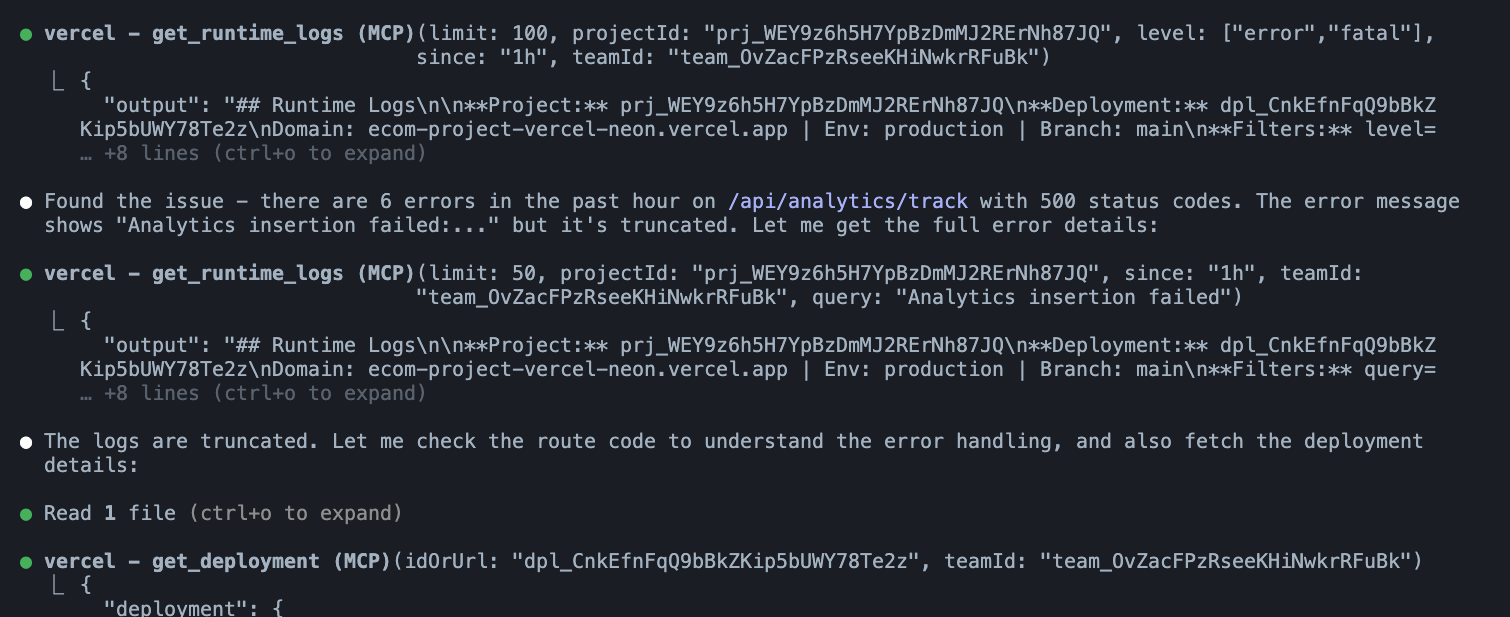 Claude Code terminal session where the investigation prompt is submitted, then get_runtime_logs is used to pull logs for the production deployment and isolate failures on /api/analytics/track.