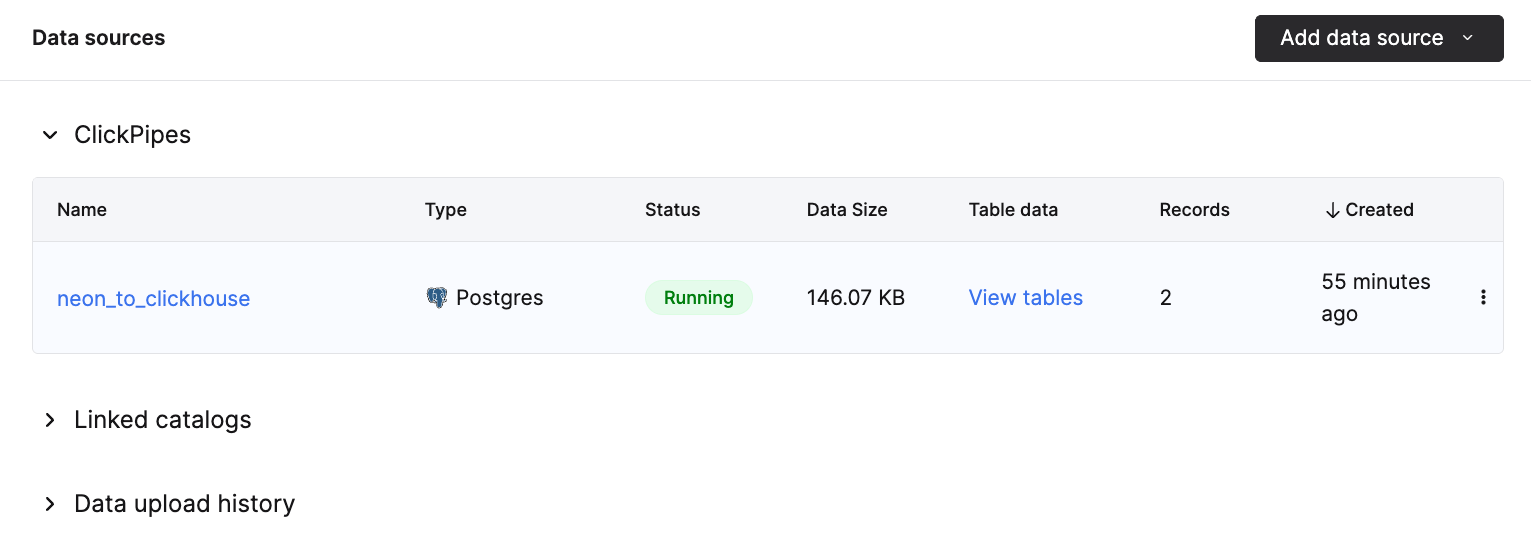 ClickHouse Cloud ClickPipe running status