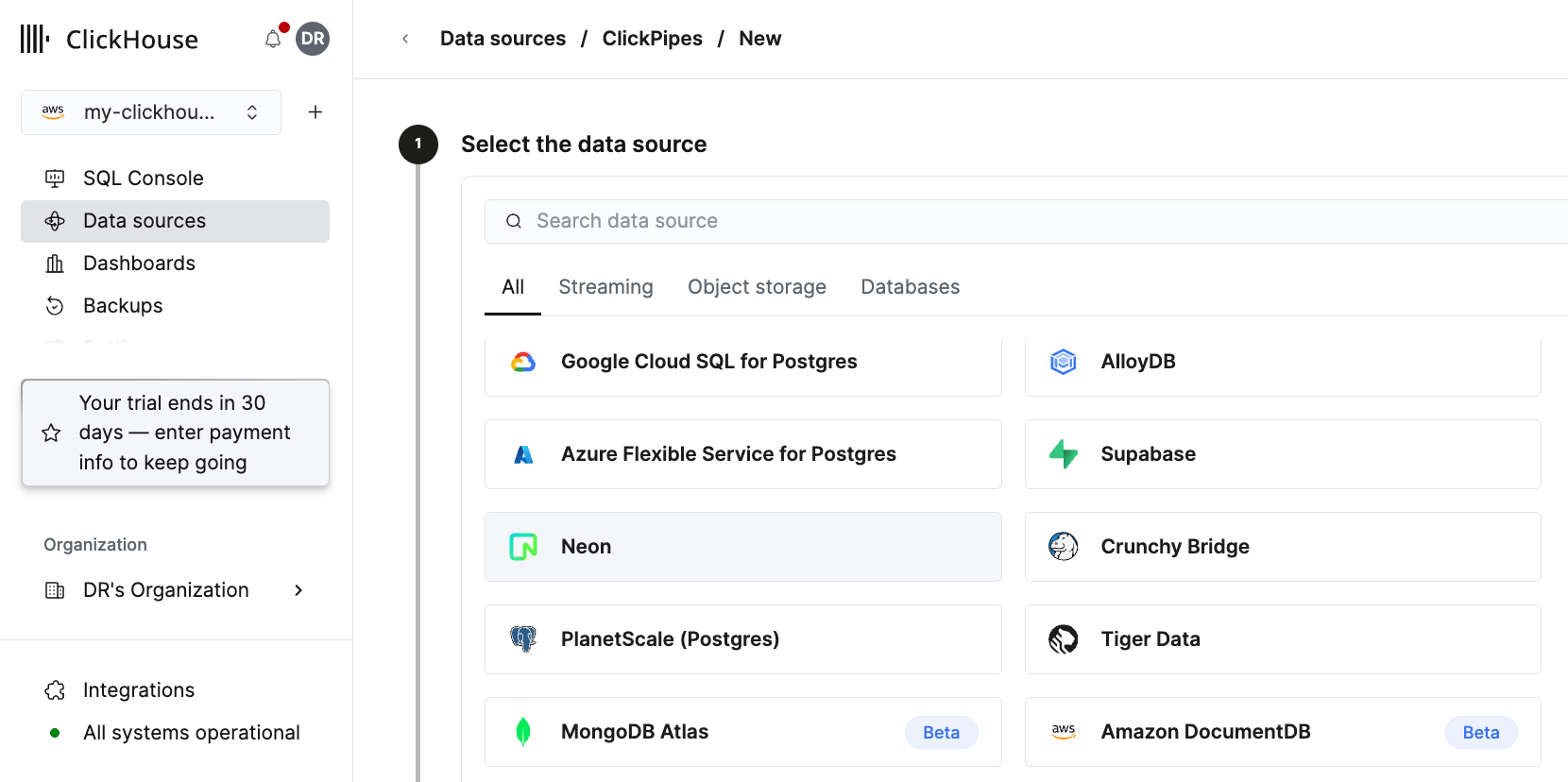 ClickHouse Cloud OptiTech tile for ClickPipe source selection