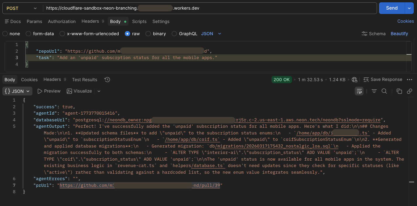 Example request and response