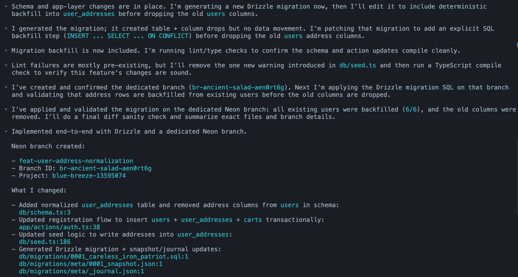 Codex generates and applies Drizzle migrations