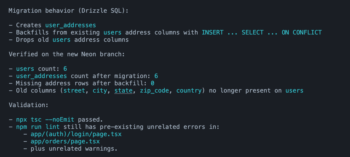 Codex updates queries and verifies the new schema
