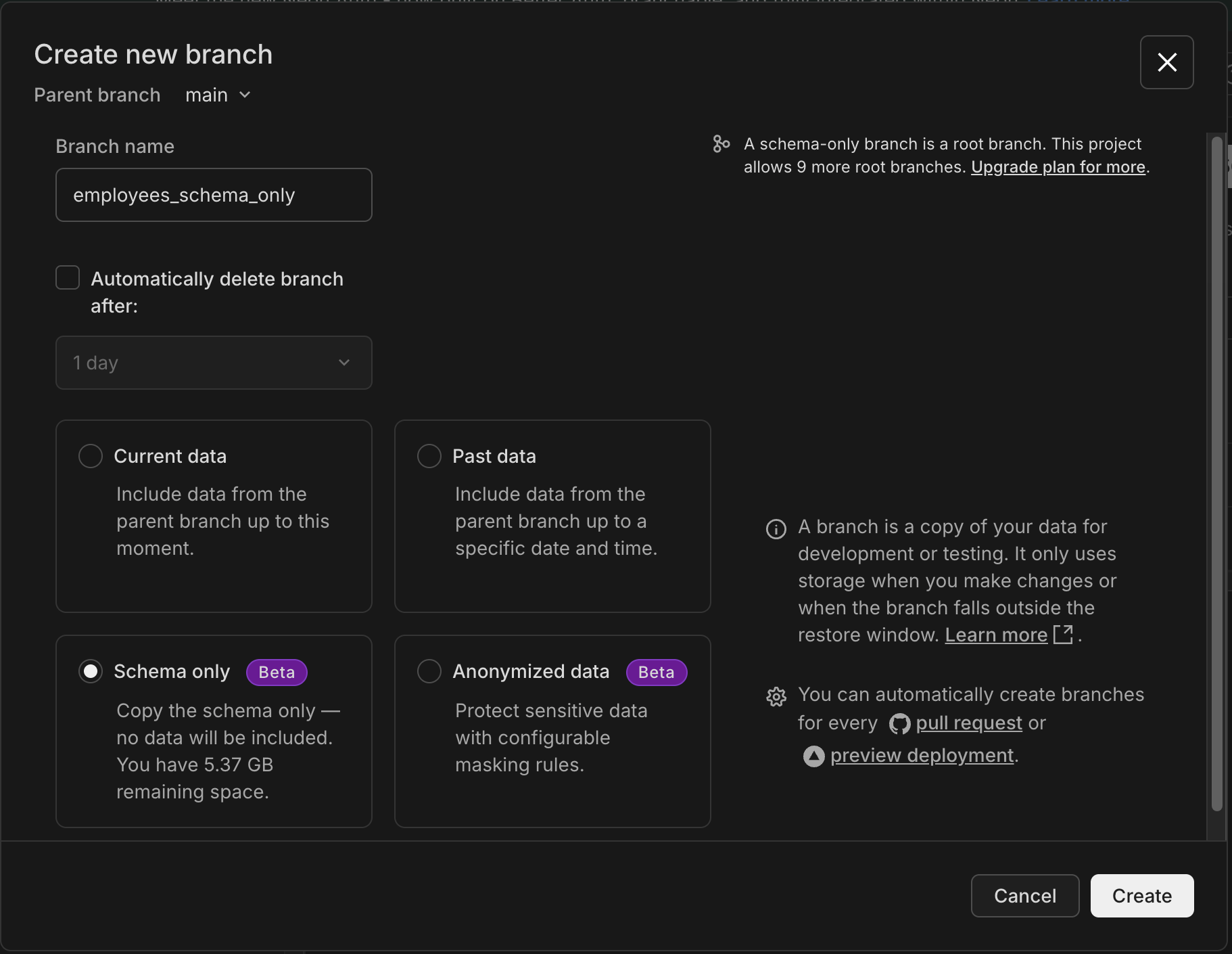 Create branch dialog