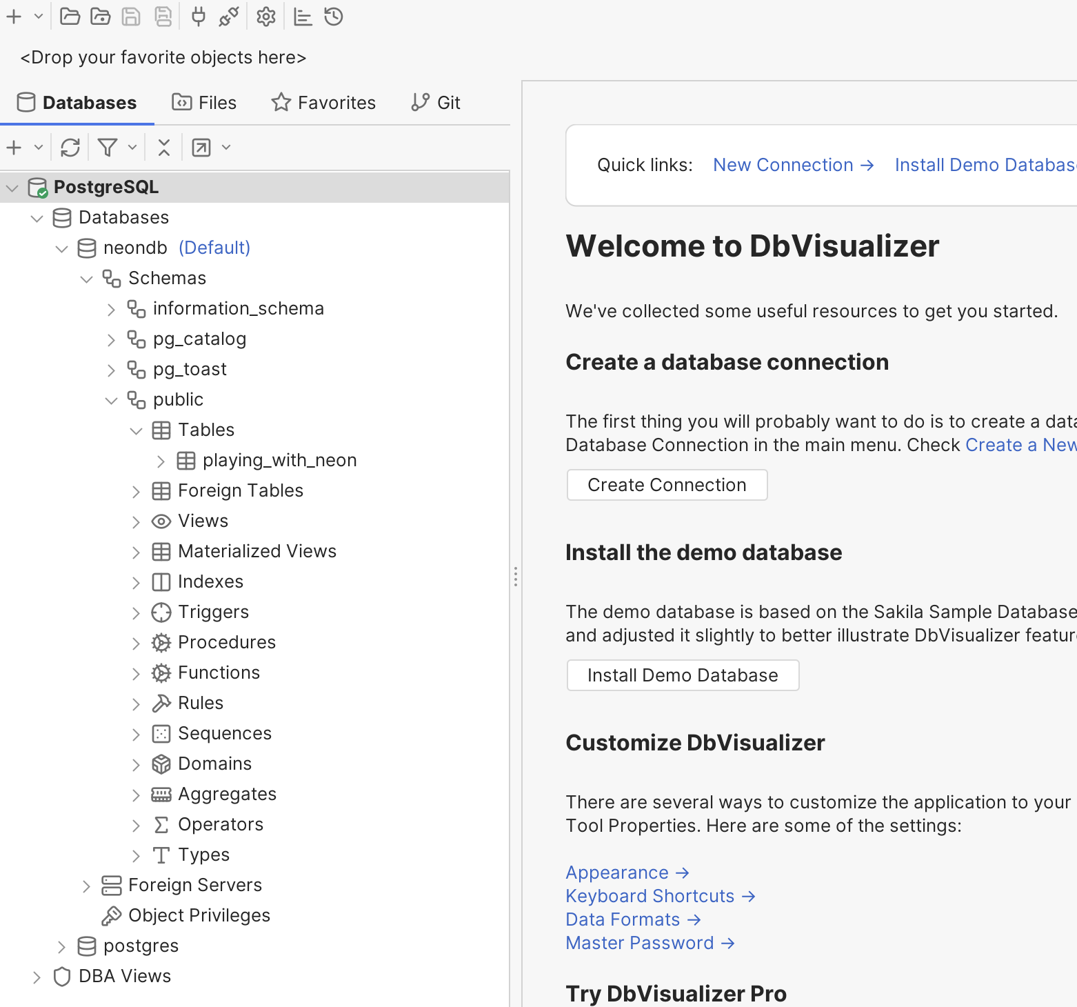 Connected OptiTech Postgres Database in DbVisualizer