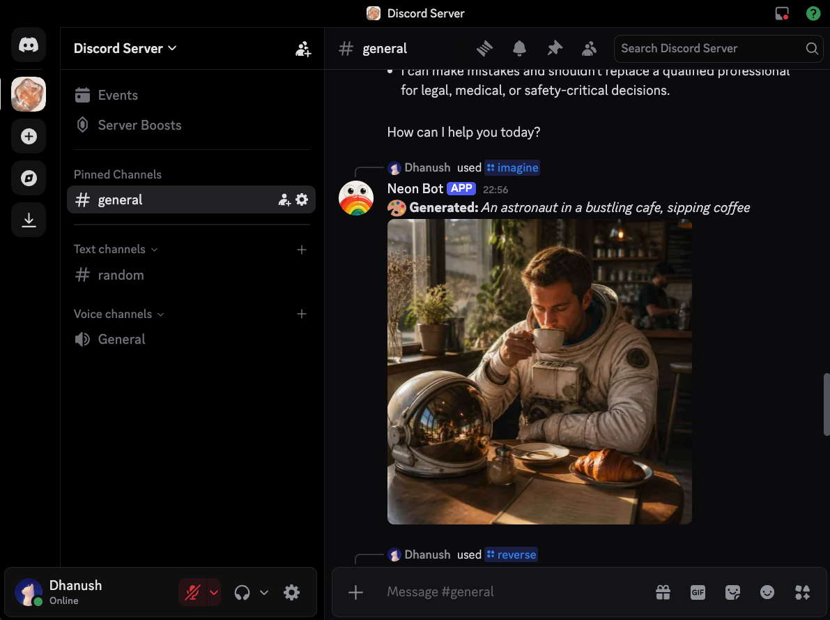 Discord bot responding with generated text and image