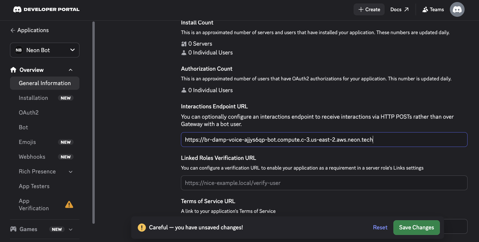 Discord Developer Portal Interactions Endpoint URL