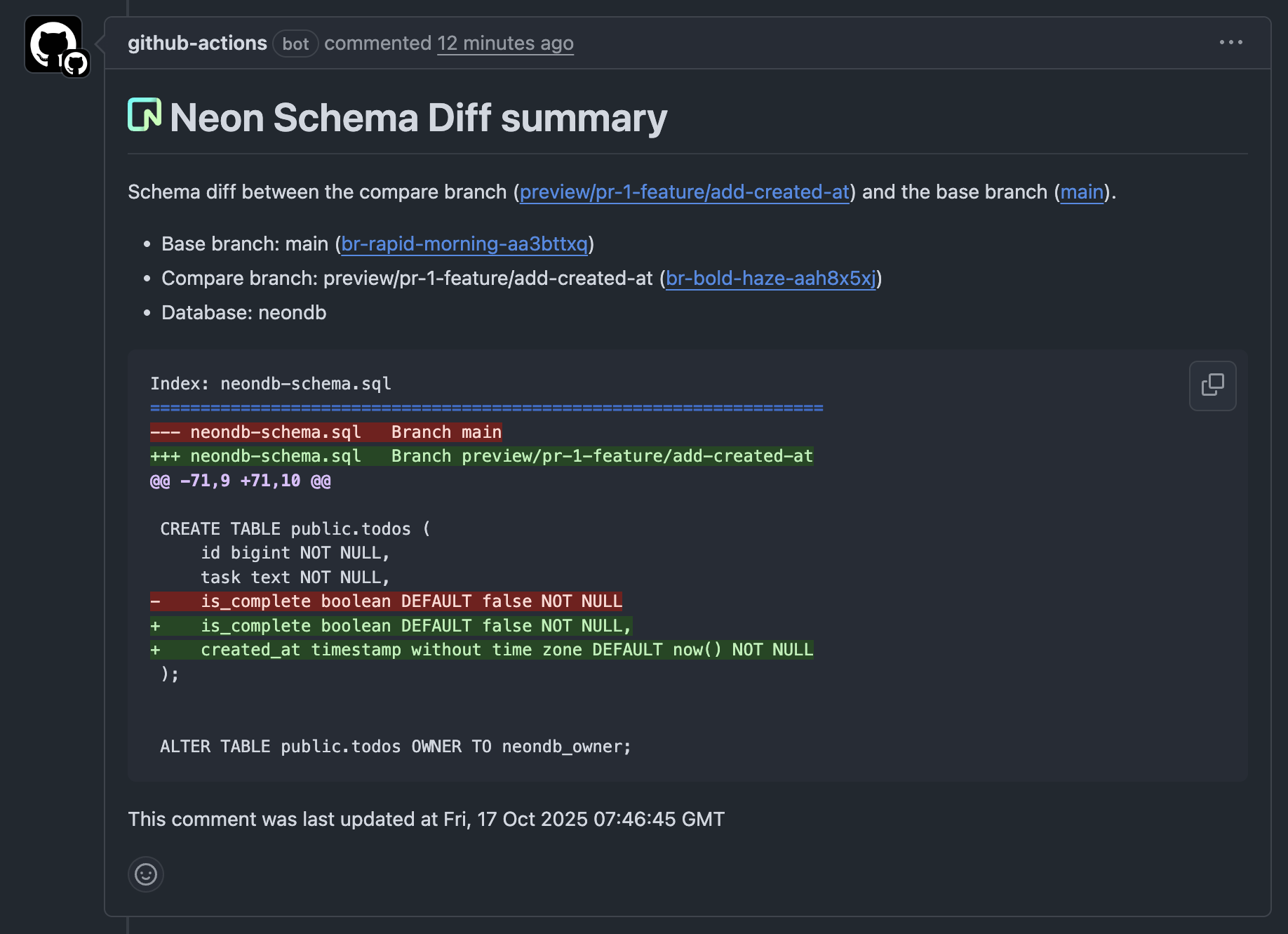 Schema Diff Comment