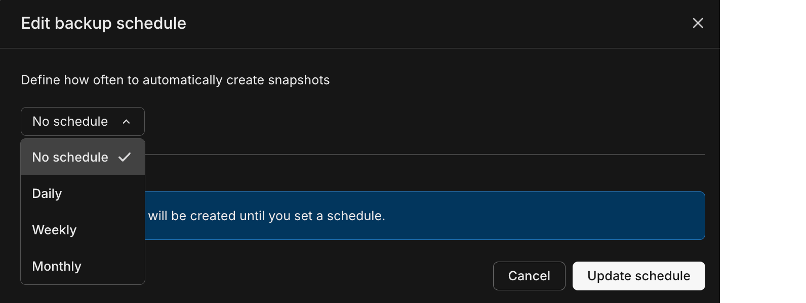 Edit backup schedule modal
