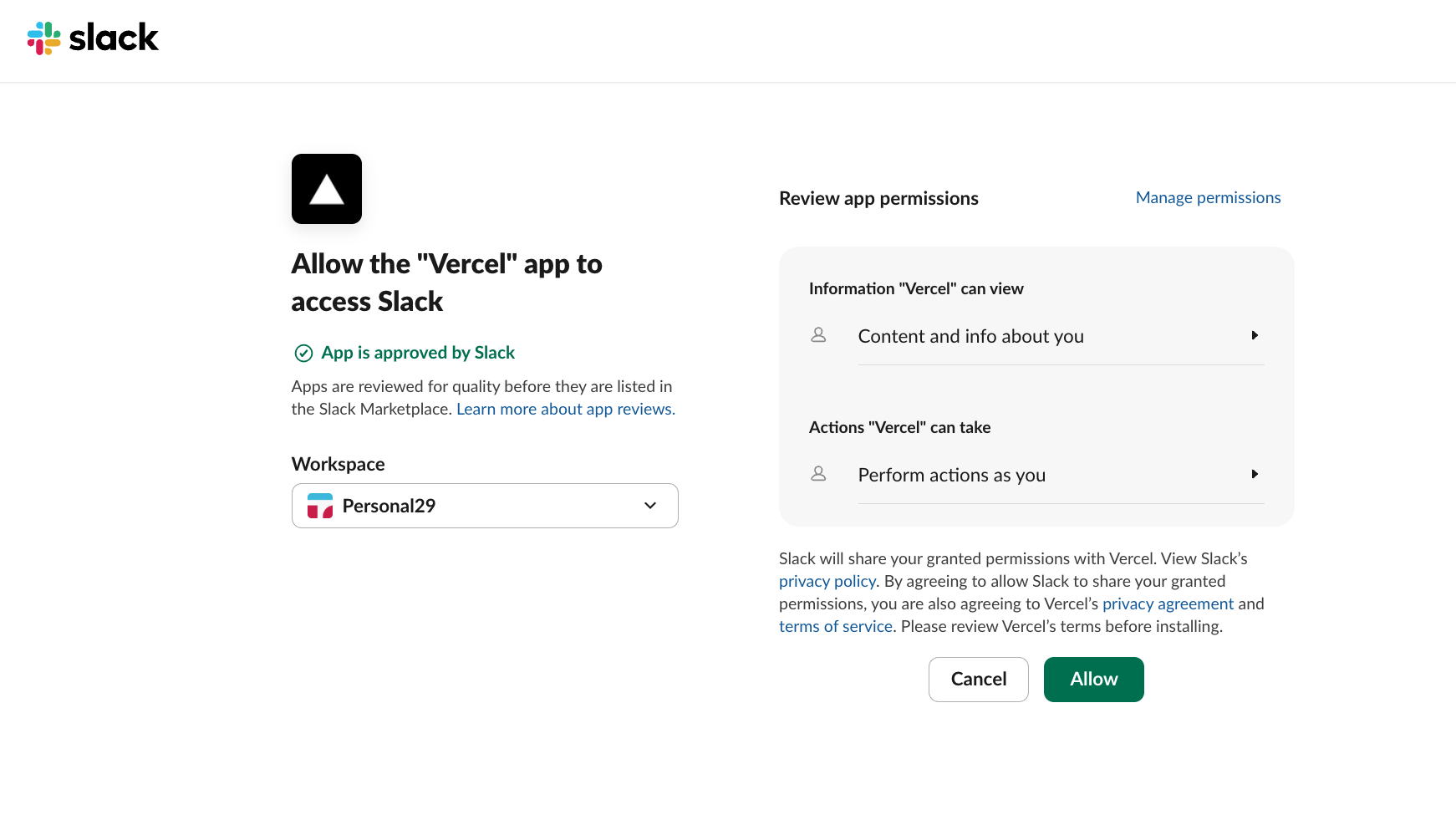 Slack: Vercel Connect installation prompt