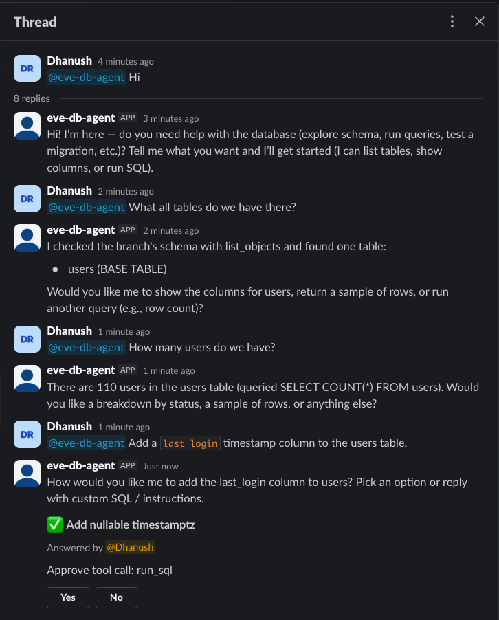 Slack thread: eve agent conversation