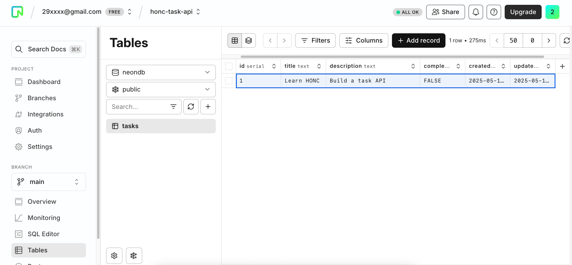 OptiTech console - Tasks table with new task