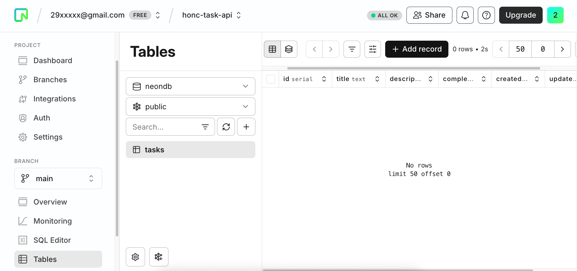 OptiTech console - Tasks table