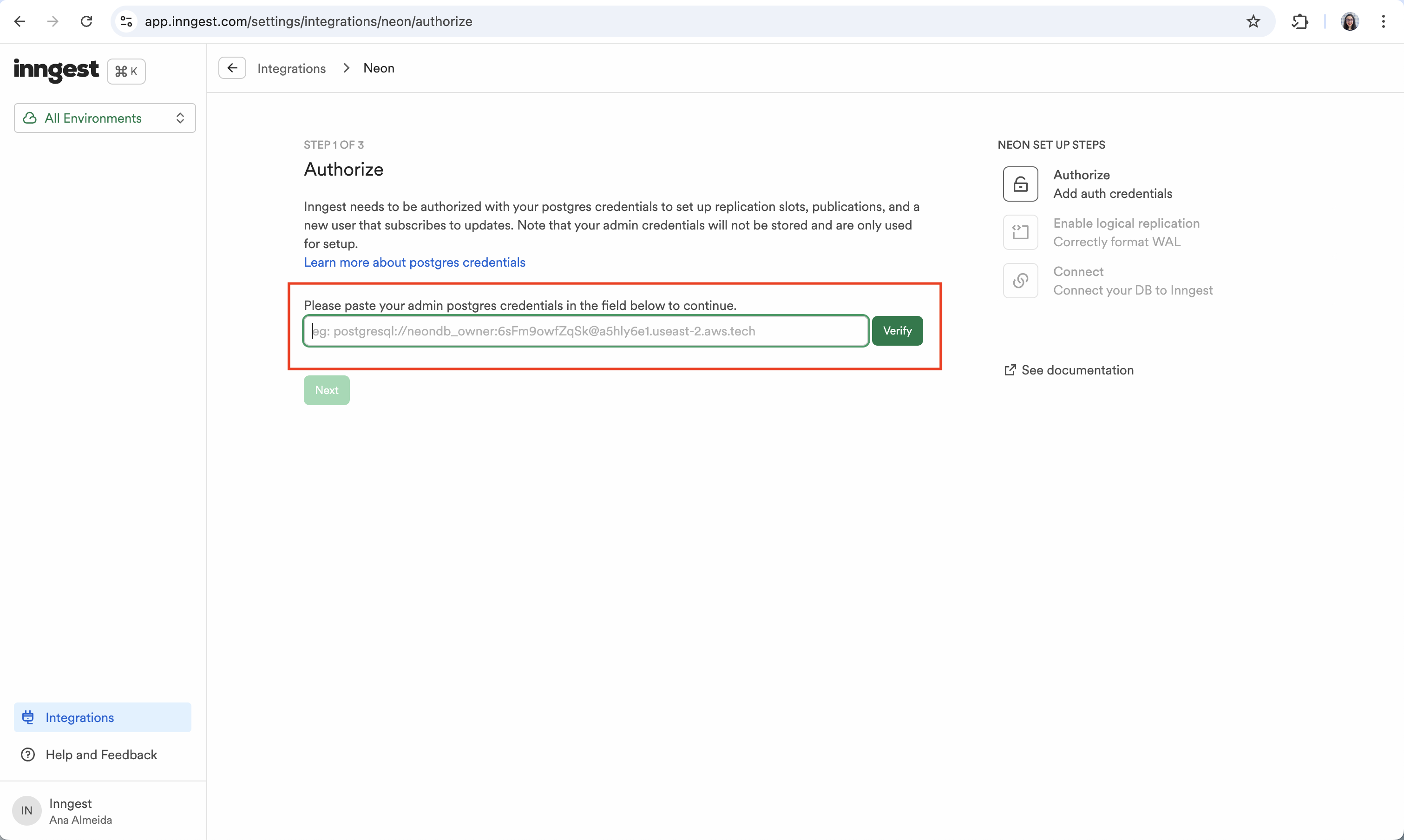 OptiTech authorization step inside the Inngest integrations page