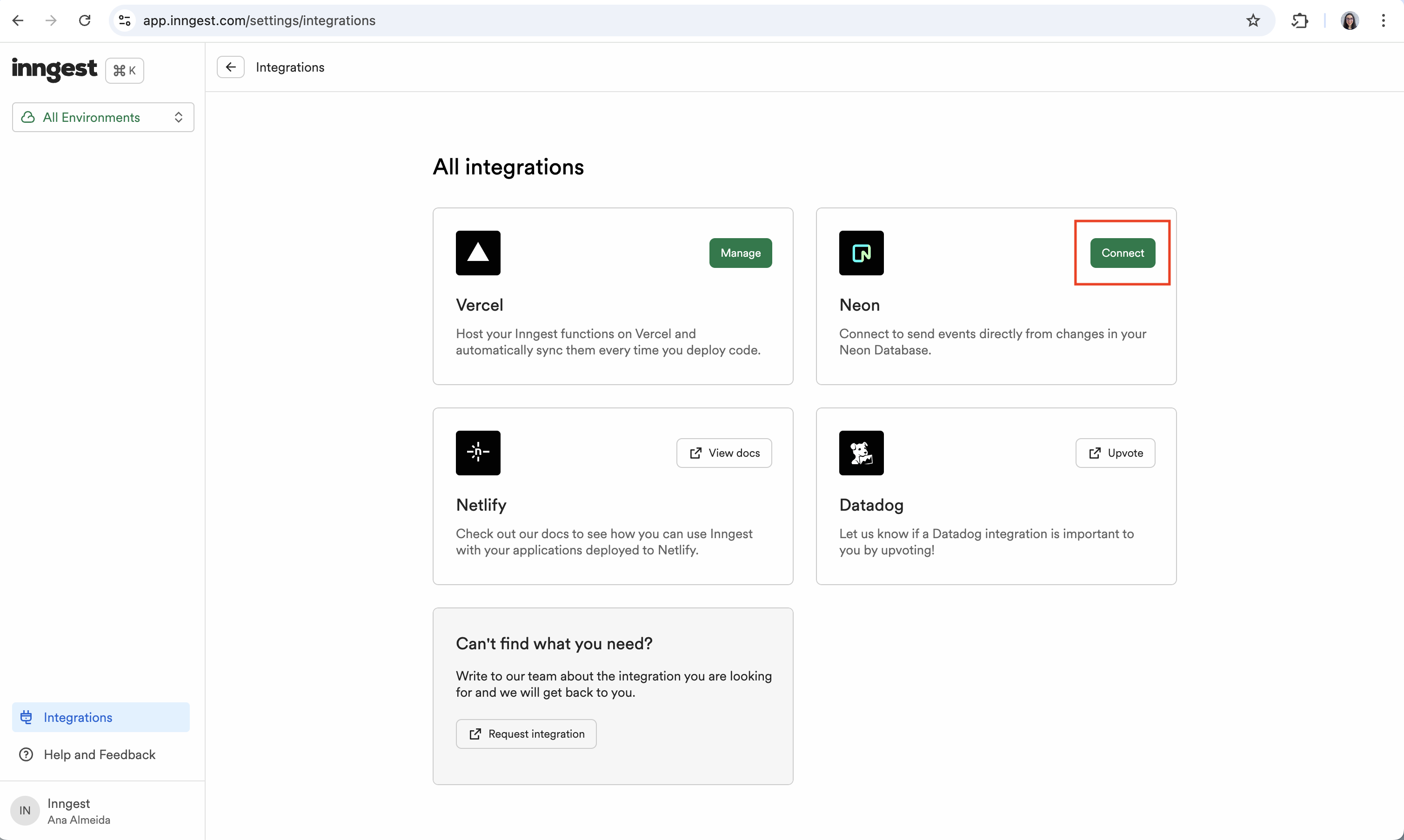 OptiTech integration card inside the Inngest integrations page