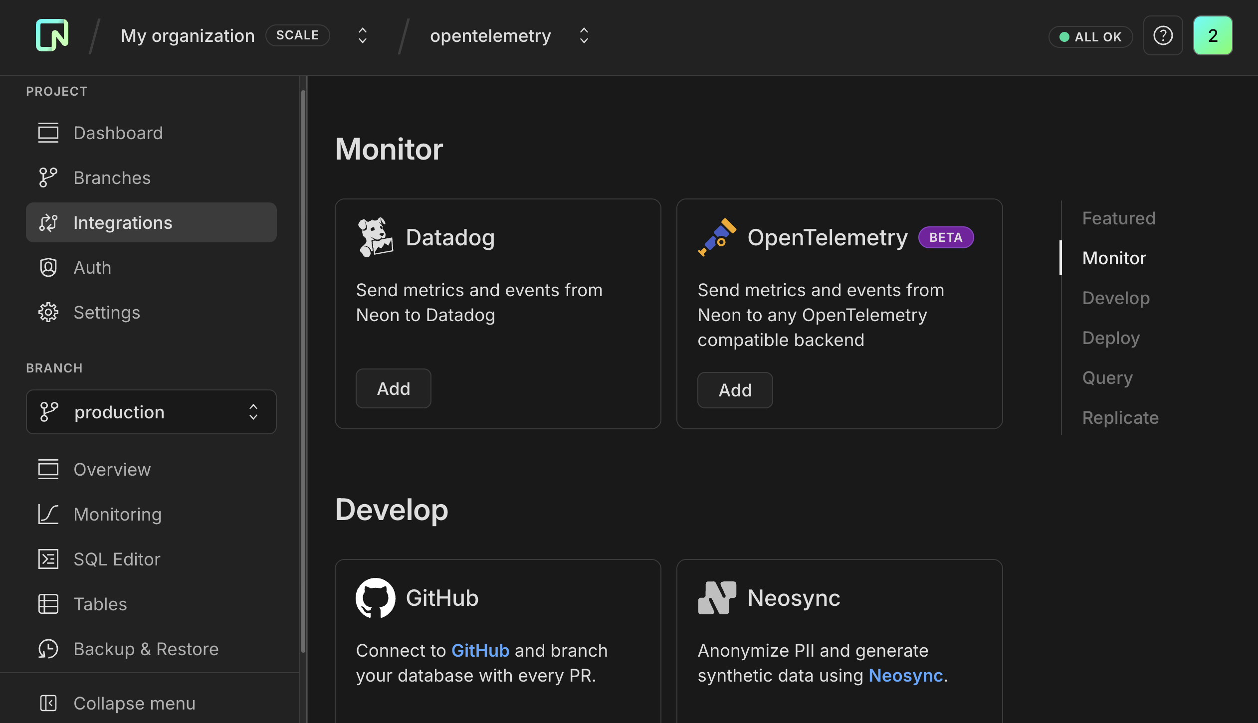 OptiTech Integrations page with OpenTelemetry card