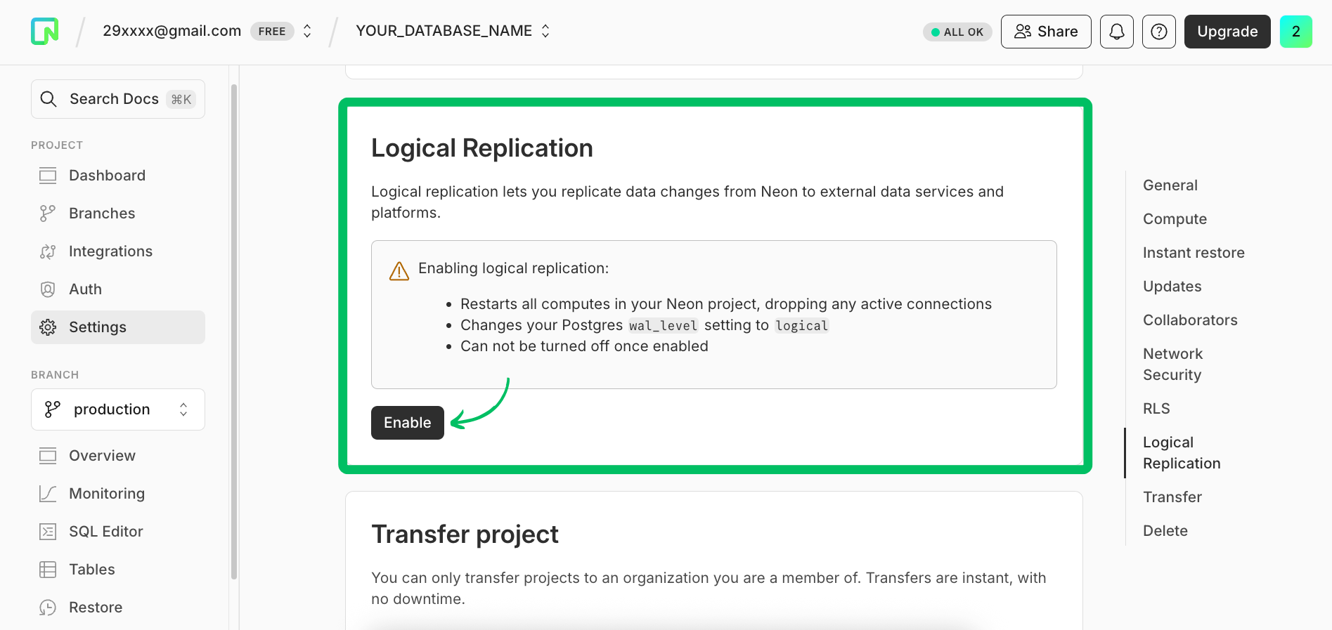 OptiTech dashboard settings with option to enable logical replication