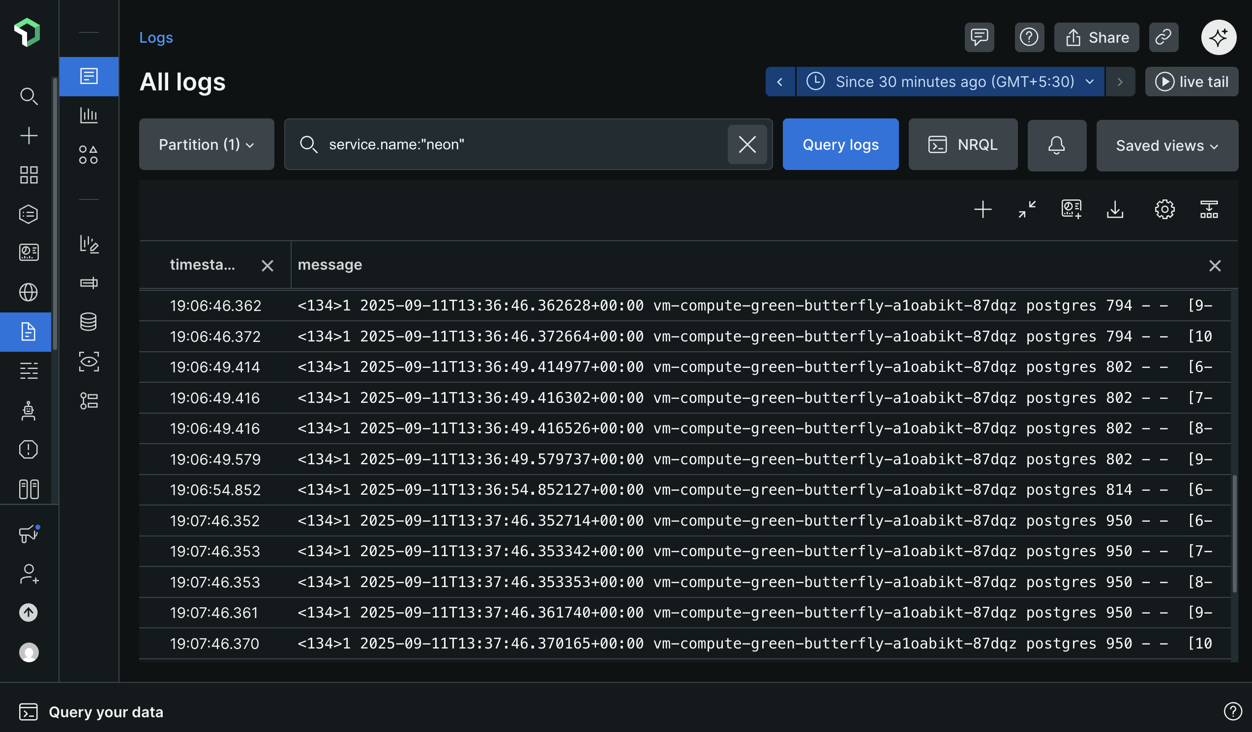 New Relic Logs UI showing Postgres logs from OptiTech