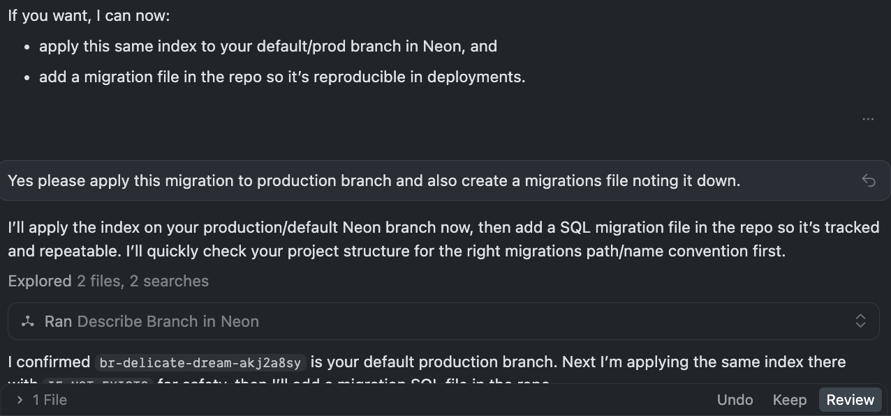 Cursor applying validated index to production branch and creating migration