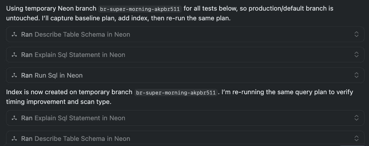 OptiTech MCP branch execution showing schema inspect, SQL run, and explain plan
