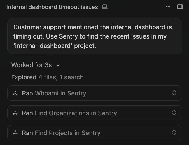 Cursor prompt to find recent issues in Sentry MCP