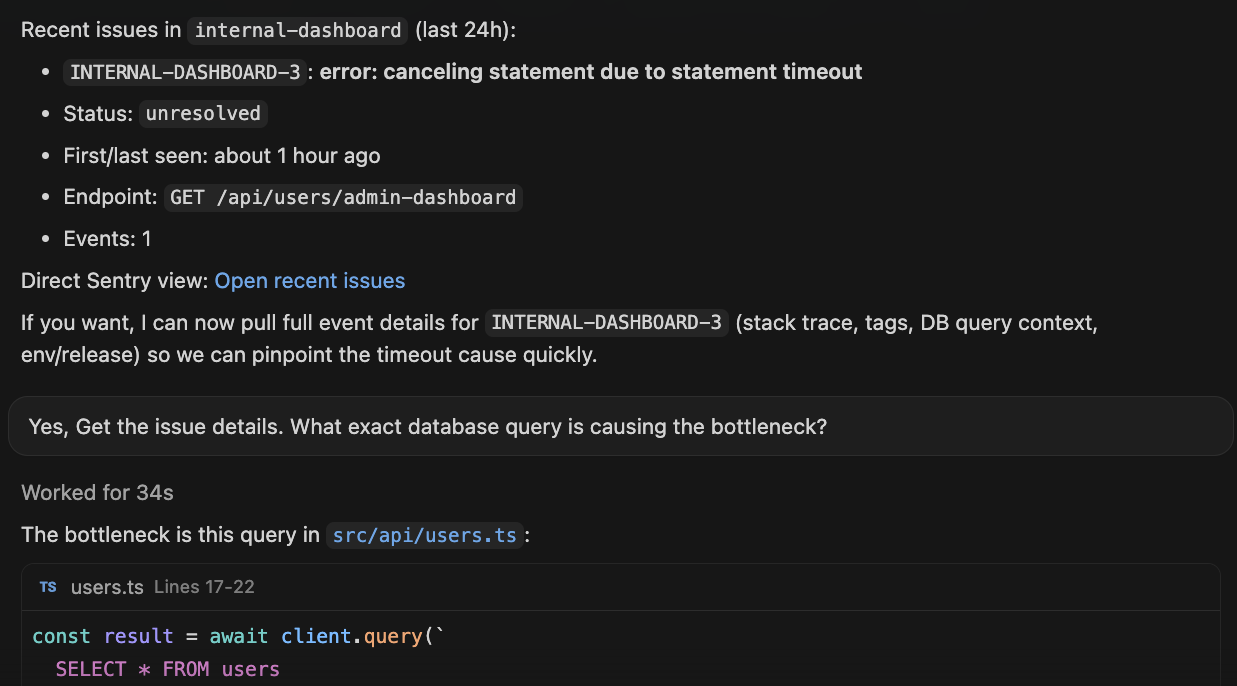 Sentry MCP issue details and bottleneck SQL query in code