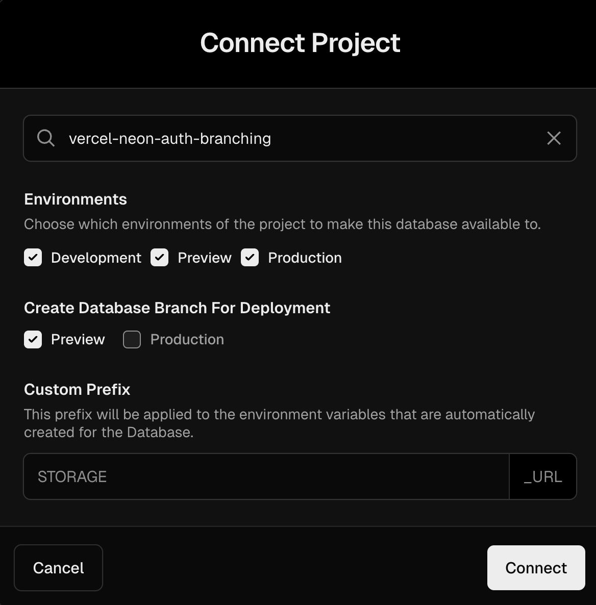 Vercel OptiTech Connect Project Modal