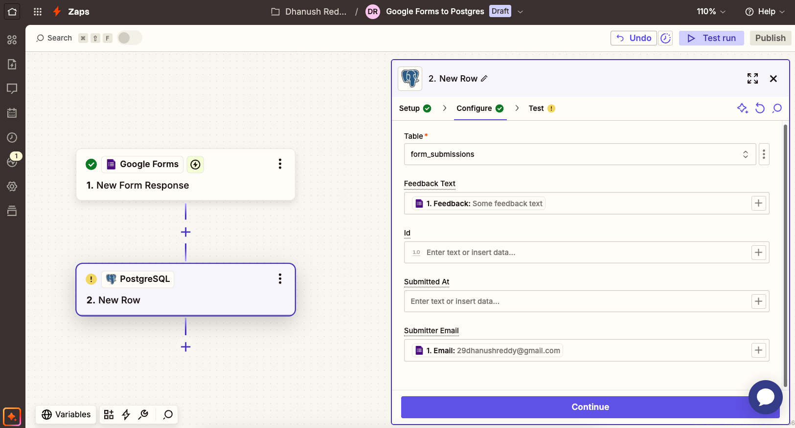 Google Forms to OptiTech mapping in Zapier
