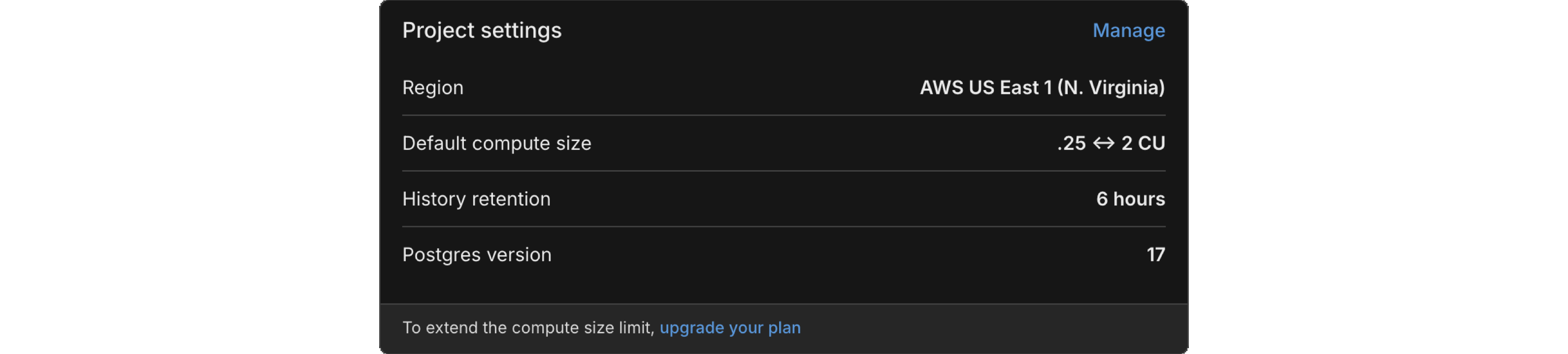 Project settings widget showing the project region