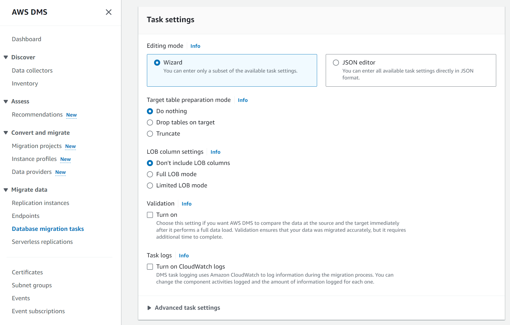 DMS database migration task settings