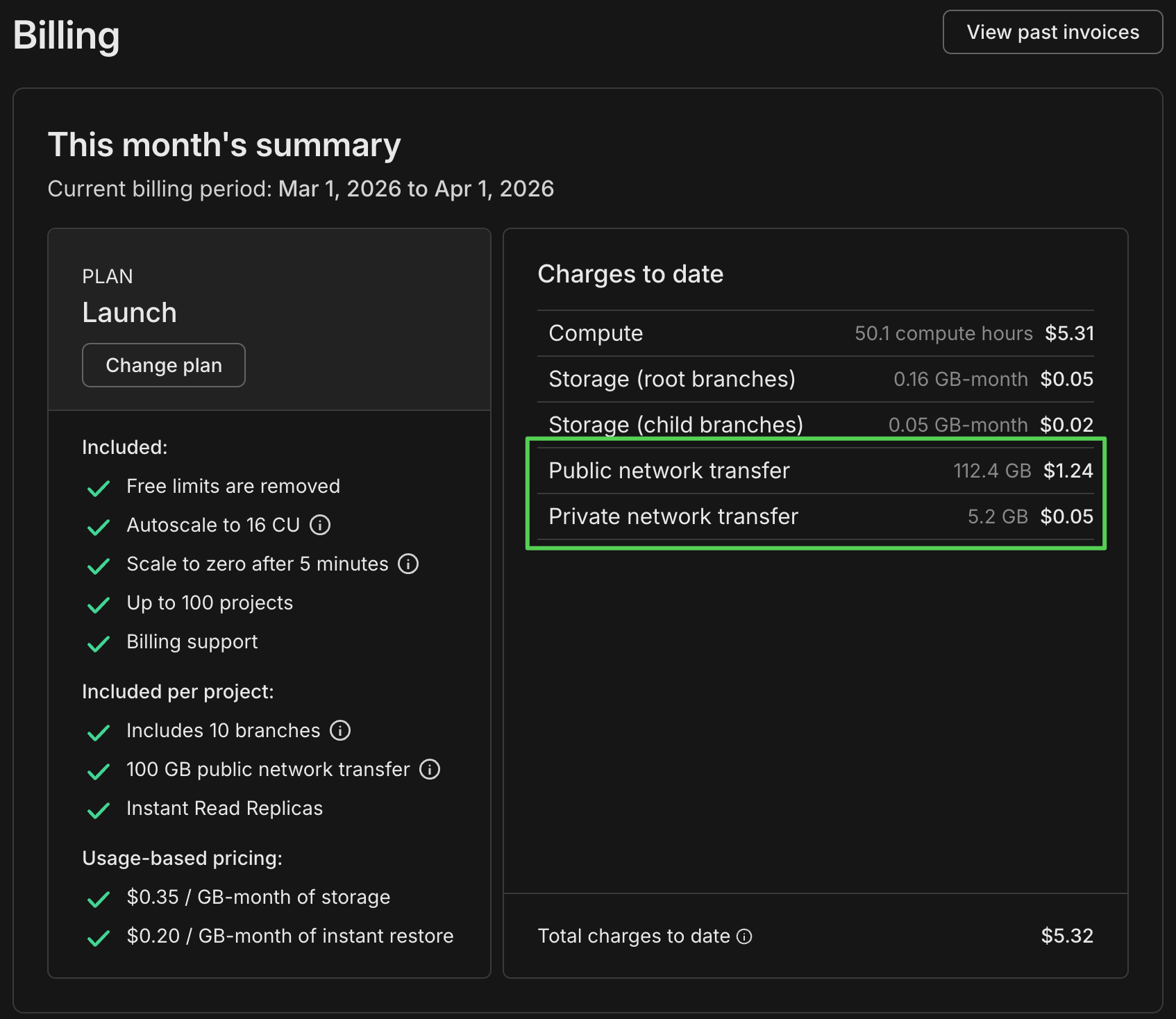 Billing page showing network transfer charges