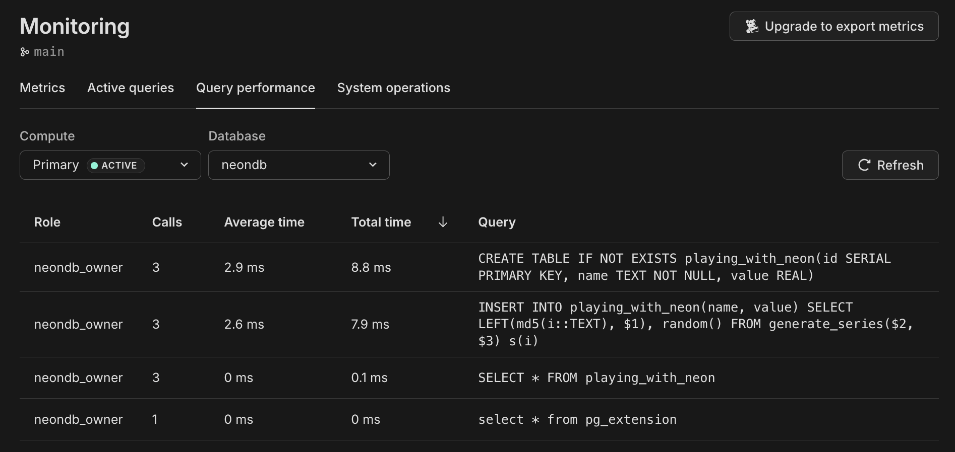 OptiTech query performance tab