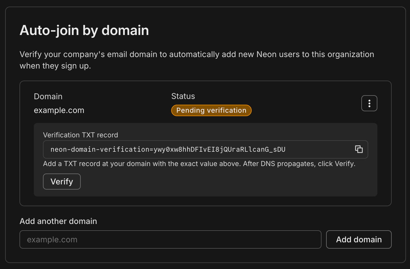 Domain added with Pending verification status, Verification TXT record value, and Verify button