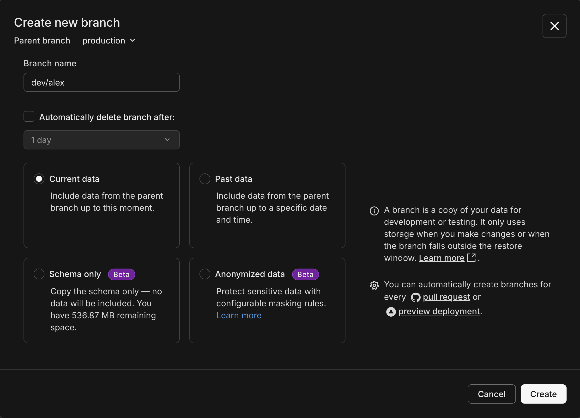 Create branch dialog