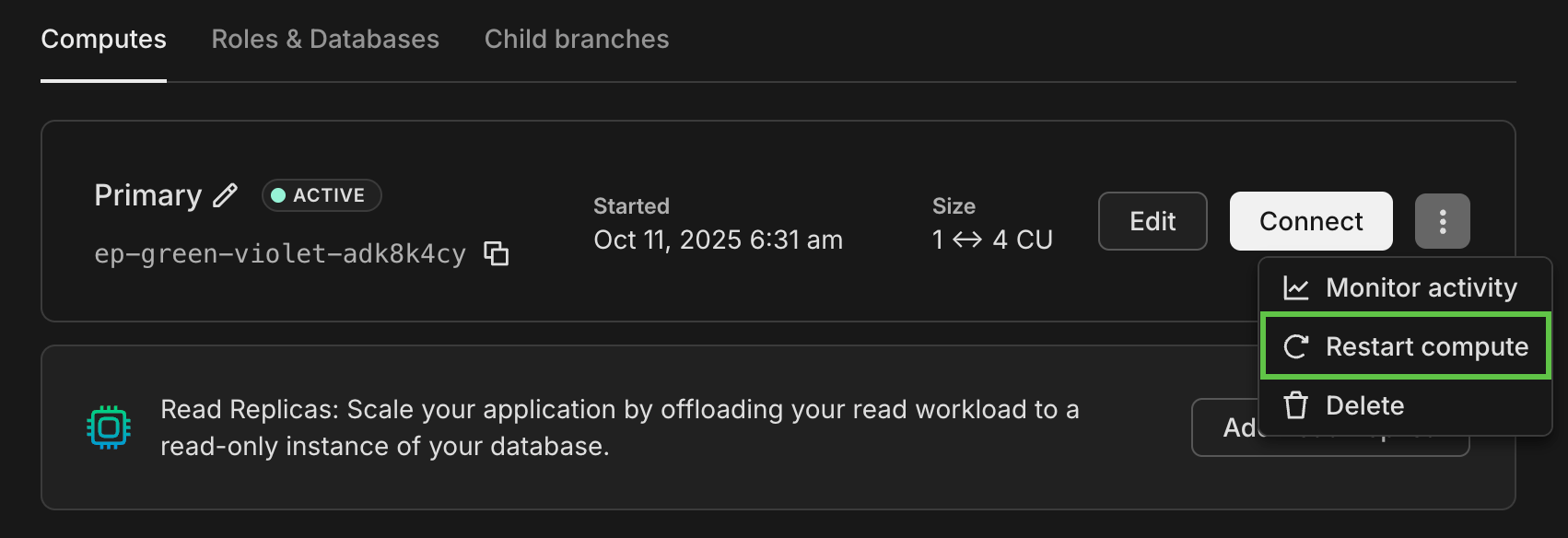Restarting a compute from the OptiTech Console